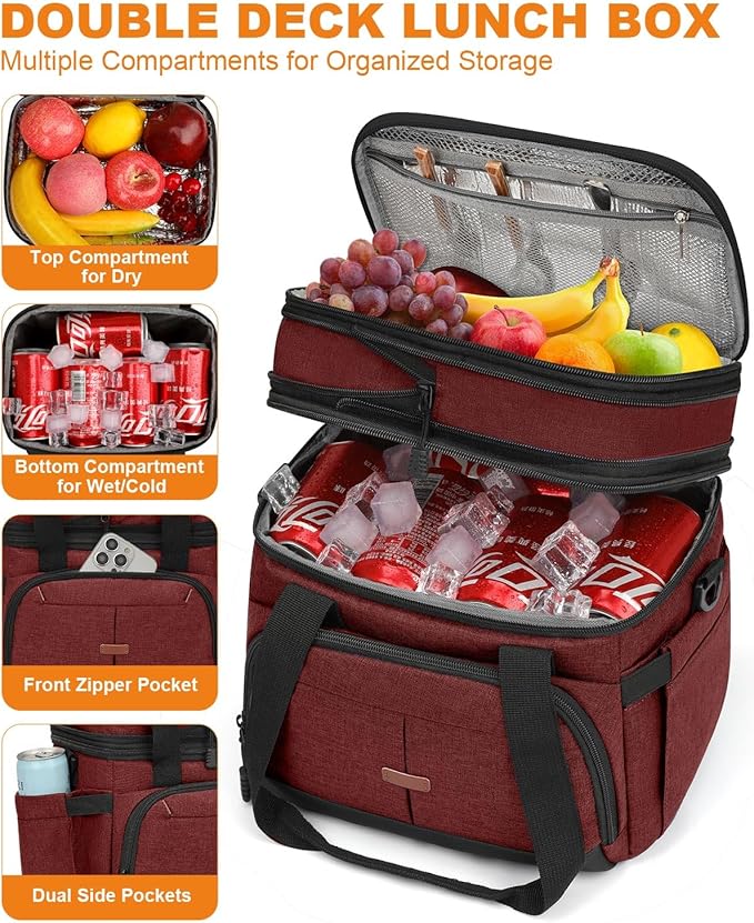 Lunch Box For Men Women Double Deck Insulated Lunch Bag For Men Woman Leakproof Expandable Cooler Bag with Adjustable Shoulder Strap for Work Shool Picnic(Wine Red,Medium)