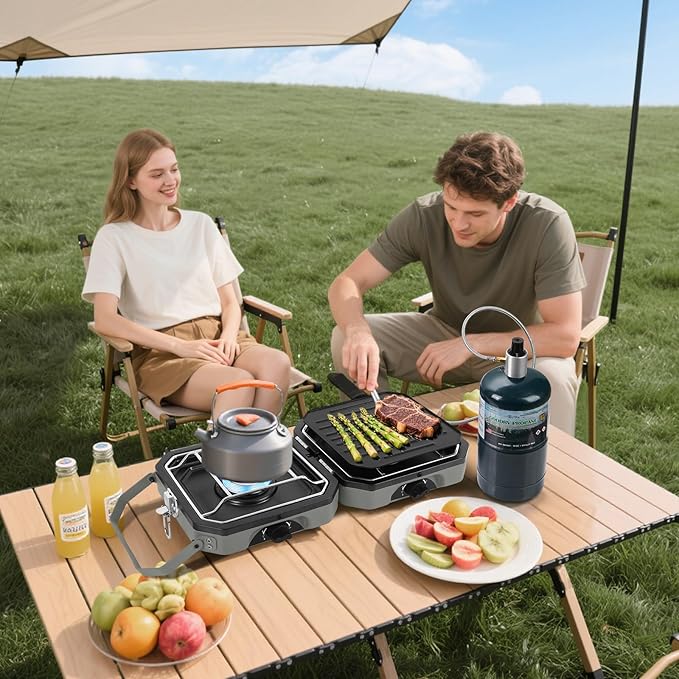 Adjustable 2-Burner Portable Stove with 16000 BTU, with Camping Grill and Carrying Bag, Portable Propane Camp Stove with 2 Burners & Piezo Ignition for Camping, Backyard BBQ,Tailgating (Green)