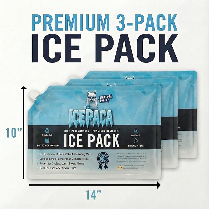 Ice Pack for Coolers, (3 Pack) High Performance, Reusable Long-Lasting Cold Pack for Lunch Boxes, Camping, Travel & Marine Use – Non-Toxic, Leakproof, No Watery Mess
