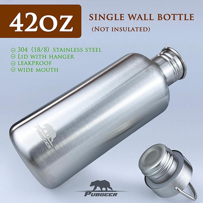 Canteen 42oz Single Wall Water Bottle with 24oz Nested Camping Cup and Carrier Bag, Bushcraft Gear, Wide Mouth Water Bottle, Survival Gear, Water Boiler, Self Reliance, Stainless Steel - Black