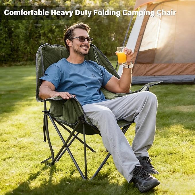 Oversized Camping Chair, Portable Folding Padded Camp Chairs with Side Pocket, Cup Holder, Heavy Duty Support 500LBS Outdoor Lounge Chair for Adults, Fishing, Sports, Trip, Green