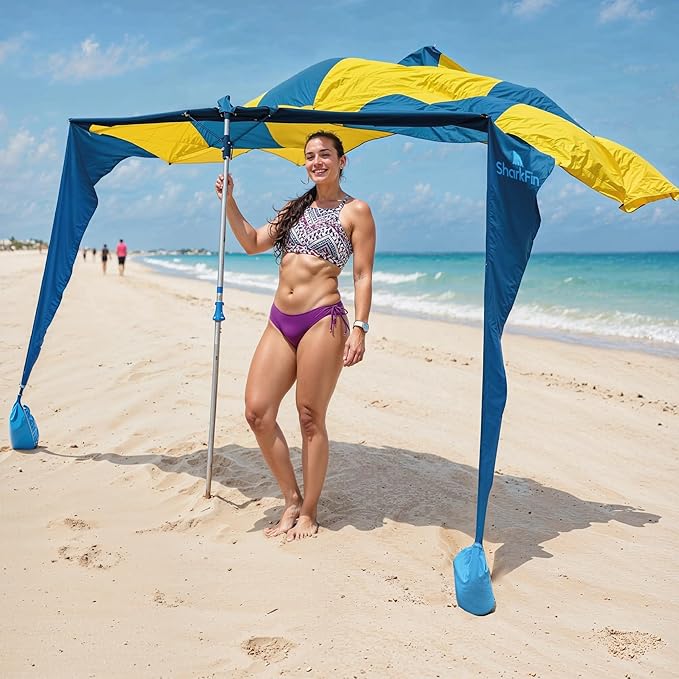 Shark FIN Shade Beach Tent Wind Sun Canopy Portable Easy Set Up UPF 50+ No Assembly Required 3-30 MPH - 1 to 8 People - Tie Downs Included - 2 Sizes Large 9' X 10' & Giant 13.5' X 10' PATENTS Pending