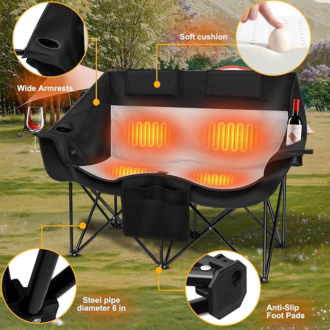 Heated Double Camping Chair with 2 20000mAh Battery Pack, 2 Control Switches 2-Person Loveseat, 550 lbs for Outdoor Sports, Picnics, Rugby Match, Lawn. Make Your Autumn and Winter Warmer