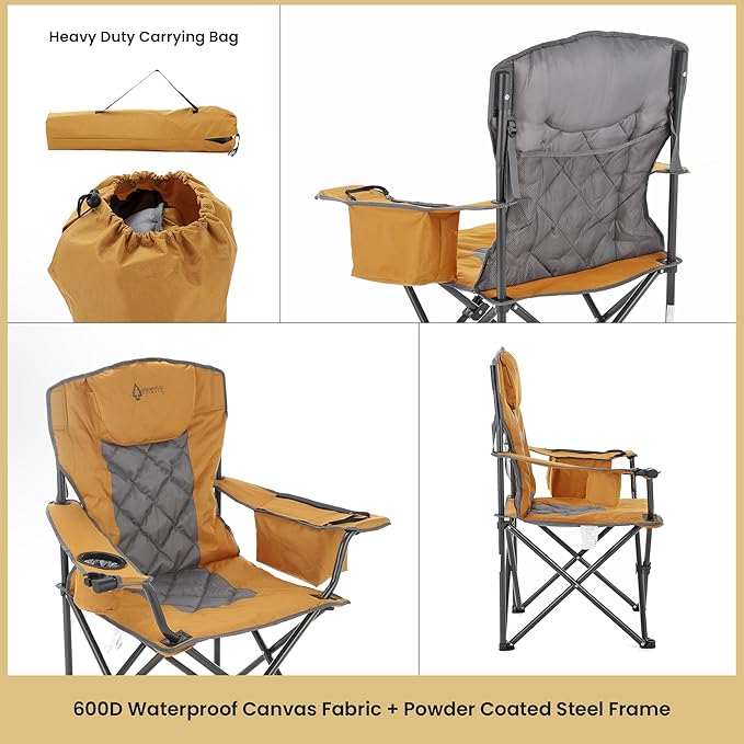 ARROWHEAD OUTDOOR Deluxe Folding Camp Chair – 550lb Capacity Heavy-Duty Quad Chair with Integrated Cooler, Headrest, and Dual Cup Holders.