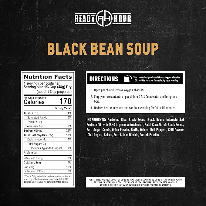 Ready Hour Black Bean Soup Case Pack – 20 Servings (5 Pouches) – Freeze-Dried Meals, Emergency Food Supply, Long Term Storage, Prepper Pantry, Instant Beans, Shelf Stable