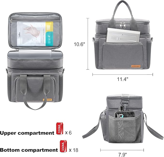 Lunch Bag-Double Deck Insulated Lunch Box for Men Women, Soft Leakproof Thickened Cooler Bag for Work, Picnic, Outdoor, Camping, Travel (Gray，15L)