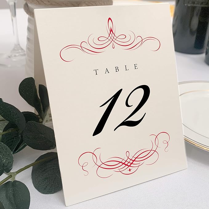 Decadent Flourish Wedding Table Numbers (Select Color/Quantity), Champagne, Ruby Red, 1-15, Double Sided, Tent or Use in a Stand, Great for Parties & Restaurants