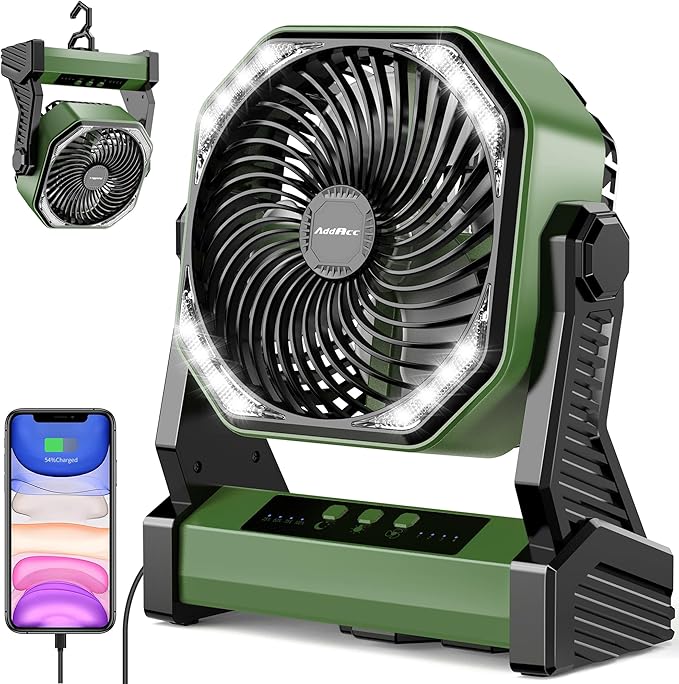 20000mAh Battery Powered Camping Fan, 58Hrs Rechargeable Portable Fan, 400LM Light, 360° Hook, Whisper Quiet Battery Operated Fan for Outdoor Car Travel Hurricane Camping Gear Essentials Power Outages