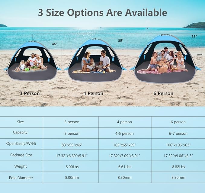 NXONE Beach Tent Sun Shelter with UPF 50+ UV Protection, Lightweight Easy Setup Portable Beach Canopy for Family, Large Space for Beach, Camping & Outdoor, 3/4/6 Person