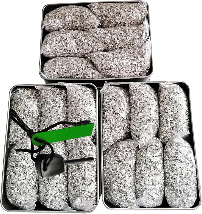 Magnesium Fire Starter Kit with Ferro Rod – Emergency Survival Gear with 12 Bags 99% Pure Magnesium + Waist Bag Waterproof Tin for Camping, Hiking, Bushcraft