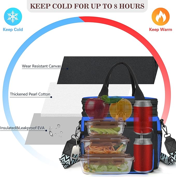 LOKASS Lunch Box for Women/Men-16L-Insulated Lunch Bag, Expandable Double-layer Leakproof Cooler Bag with Upgrade Adjustable Shoulder Strap Ideal for Work/Travel/Picnics（Sapphire Blue）