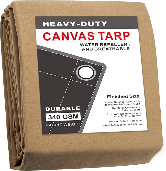 CARTMAN Finished Size 10x16 Feet Tan Canvas Tarp with Rustproof Grommets, 12 Oz Heavy Duty Multipurpose Tarpaulin Cover for Canopy Tent, Roof, Camping, Woodpile