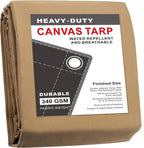 CARTMAN Finished Size 7x9 Feet Tan Canvas Tarp with Rustproof Grommets, 12 Oz Heavy Duty Multipurpose Tarpaulin Cover for Canopy Tent, Roof, Camping, Woodpile
