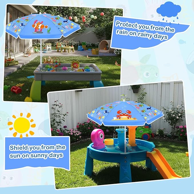 Sweetude Water Table Umbrella (Table Not Included), Kids Seaside Beach Umbrella Picnic Canopy for Summer Toddlers Sand Beach Camping Garden Outdoor Pool Shade Party Supply(Marine Animal Theme)