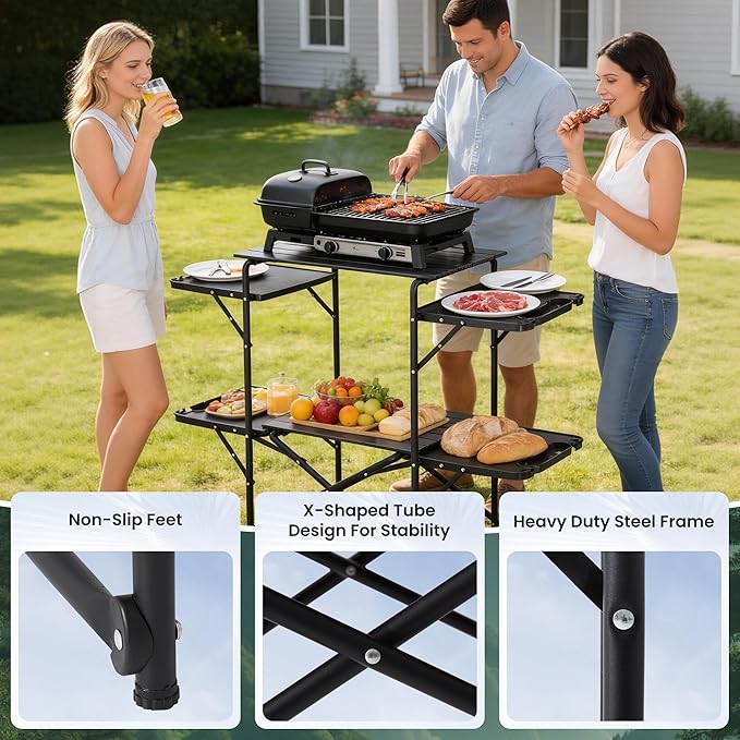 Slim-Fold Camping Kitchen Table, Metal Folding Portable Outdoor Cook Station with 4 Side Tables, 2 Storage Shelves & Carrying Bag, Heat Resistant Quick Set-Up for Picnic BBQ