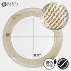 PARTY BARGAINS 13-Inch Charger Plates - 4 Pack, Clear Gold Textured Rim, Heavy-Duty Disposable Chargers for Elegant Dining - Ideal for Weddings and Formal Events