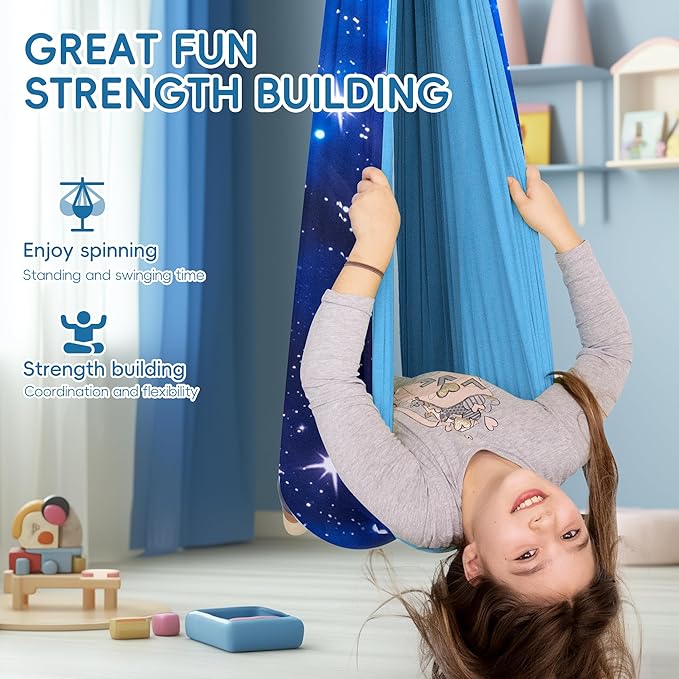 OUTREE Sensory Swing for Kids, Double Layer Therapy Hammock, Indoor Swing with 360° Swivel Hanger Kit and Adjustable Straps, Autism Sensory Product for Autism, ADHD (Blue Starry-Sky Printed)