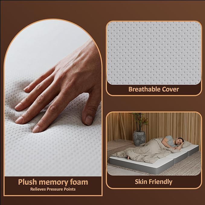Greaton, 4-Inch Tri-Folding Gel Memory Foam Portable Floor Mattress | Breathable Mesh, Ultra Soft, Cot Pad, Removable and Washable Cover, Comfortable Support, Therapeutic Qualities, 25-Inch, White
