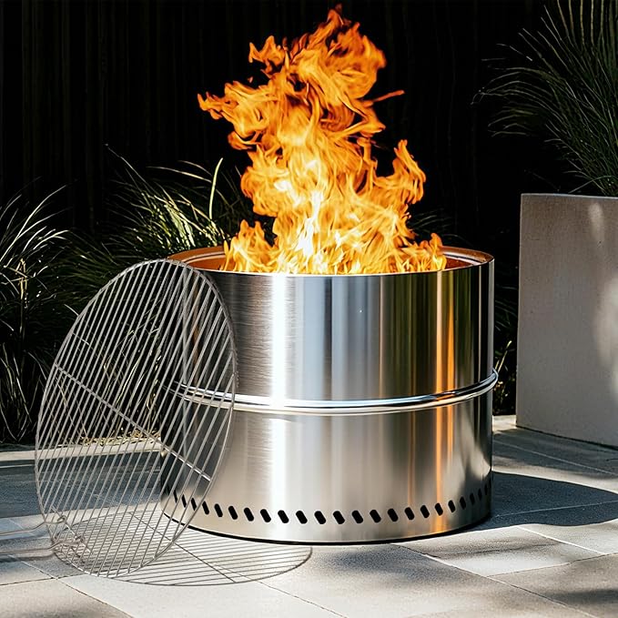 HGD 20 Inch Smokeless Firepit with Grill, Portable Wood Burning Fire Pit for Camping & Backyard, Stainless Steel Outdoor Fireplace with Travel Bag, Easy Setup & Compact Storage - Foldable Design