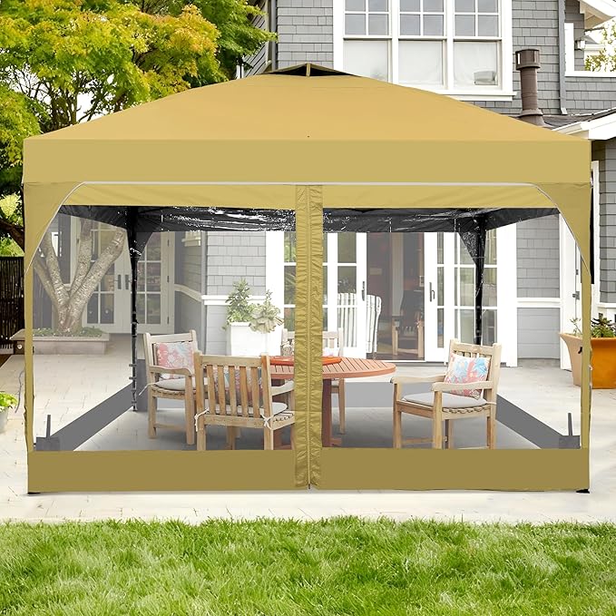 GDY 12x12 FT Pop Up Canopy Tent with One Push Setup,Setup Gazebo with 4 PVC Transparent Sidewalls,Easy Carry for Events, Parties, Camping, Khaki