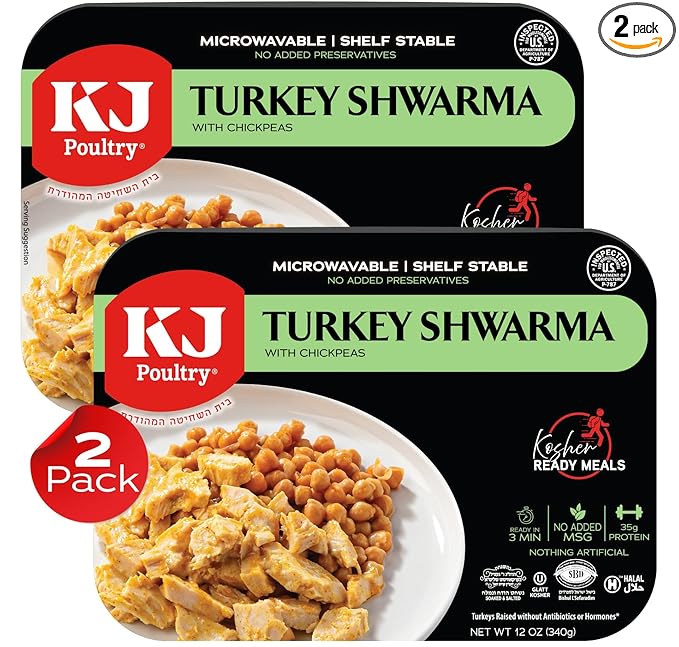 KJ Poultry Kosher Ready Meals - Turkey Shwarma, MRE Meat Meals Ready to Eat, Gluten Free, Halal, (2 Pack) Prepared Entree Fully Cooked, Shelf Stable Microwave Dinner, Travel, Military, Camping