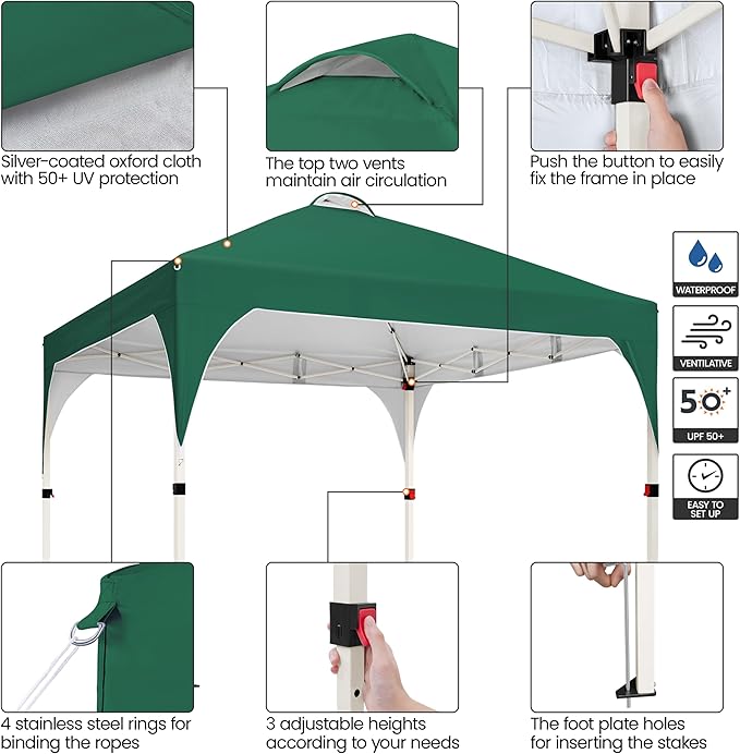 Yaheetech 10x10 Pop Up Canopy Tent with Vent, Easy Set Up Tent, Instant Sun Shelter Canopy with Wheeled Bag, 4 Sandbags, 12 Stakes & 4 Ropes, for Parties, Beach, Outdoor, Dark Green