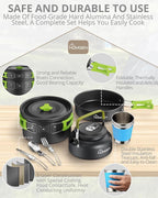 HOMGEN Ultralight Anodized Aluminum Camping Cookware Set for 2 People - Nesting Non Stick Pot/Pan with Foldable Handles Insulated Teapot & Stainless Cups - Compact Backpacking Gear for Camping/Hiking
