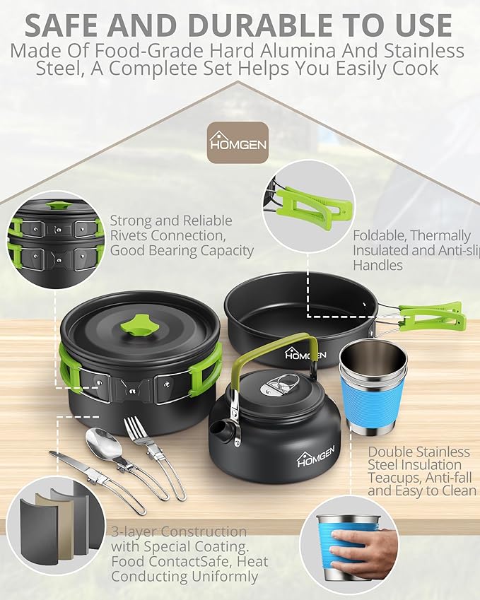 HOMGEN Ultralight Anodized Aluminum Camping Cookware Set for 2 People - Nesting Non Stick Pot/Pan with Foldable Handles Insulated Teapot & Stainless Cups - Compact Backpacking Gear for Camping/Hiking