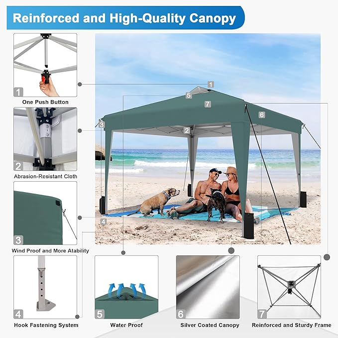 SANWAY 10x10 Pop up Canopy Tent, One-Button, Outdoor Instant Canopy Protable for Events, Camping, Parties, Vendor, Beach Tent - Dark Green