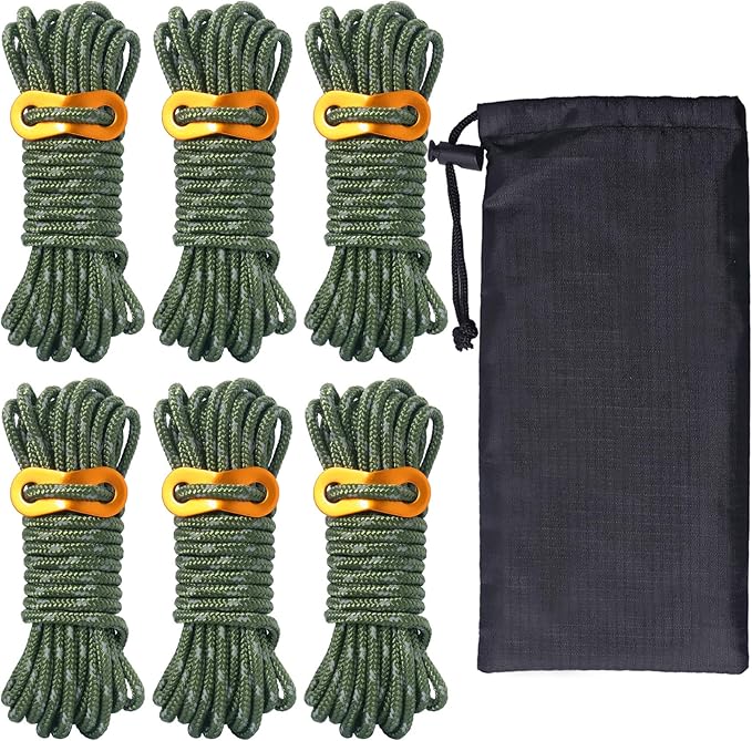 Hikeman 6 Pack 4mm Outdoor Guy Lines Tent Cords Lightweight Camping Rope with Aluminum Guylines Adjuster Tensioner Pouch for Tent Tarp, Canopy Shelter, Camping, Hiking, Backpacking