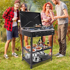 Outdoor Camping Stove, 5 Burner Propane Gas Cooker with Removable Storage Shelf and Windshield Cover for Camping, RV Outdoor Activities (Black)