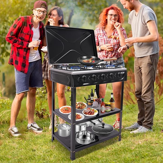 Outdoor Camping Stove, 5 Burner Propane Gas Cooker with Removable Storage Shelf and Windshield Cover for Camping, RV Outdoor Activities (Black)