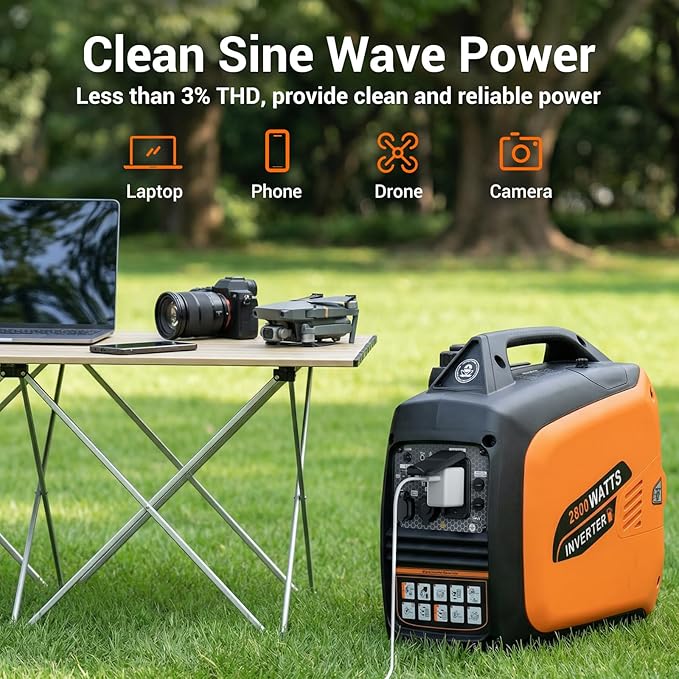 2800-Watts Portable Inverter Generator, Gas Generators for Home Use, Camping, Super Quiet Emergency Home Backup, with Fuel Shut Off, 1.1Gal Fuel Tank, 39Lbs, EPA Compliant