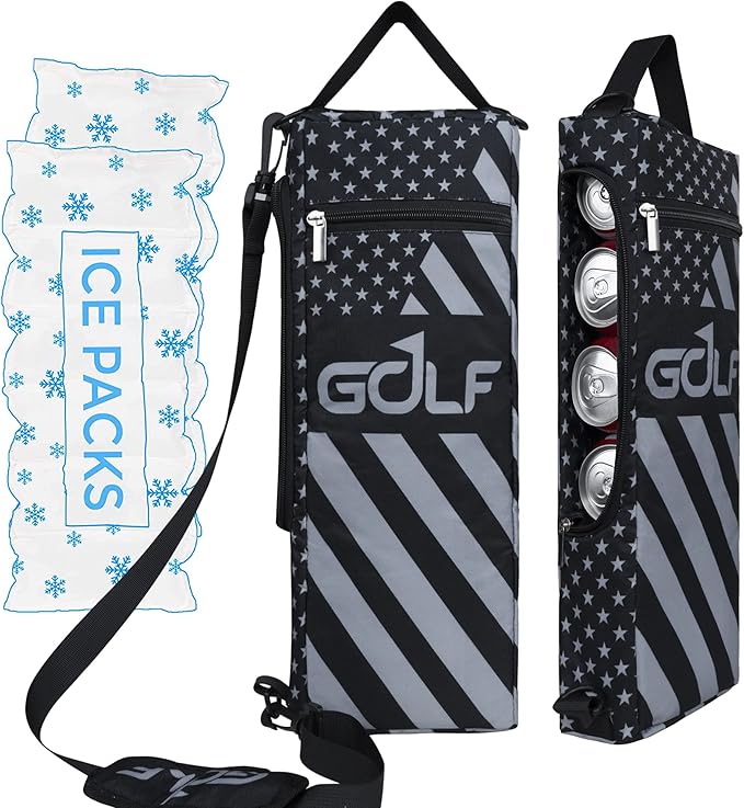 Golf Cooler Bag Plus Ice Pack Soft Sided Insulated Cooler Bag- Holds 6 Pack of Cans or 2 Wine Bottles - Grey Camo Golf Beer Sleeve Black Fits Discreetly in Golf Bags
