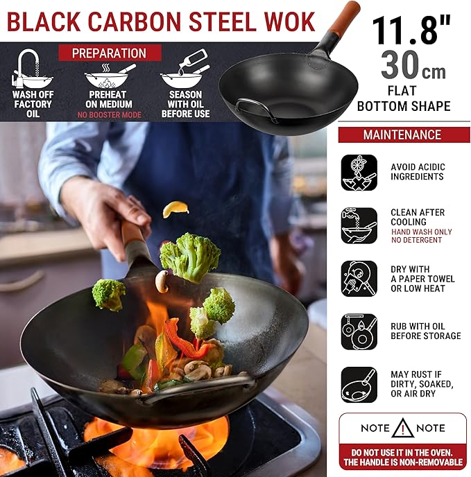 YOSUKATA 11.8" Carbon Steel Wok Pan – Pre-Seasoned Flat Bottom Pow Wok for Stir Fry, BBQ, Grill & Camping – Traditional Japanese Chinese Cookware – Compatible with Induction, Electric, Gas, Open Fire