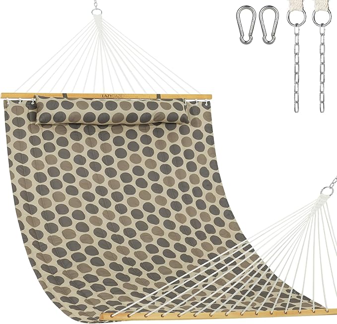 Lazy Daze Hammocks 12FT Quilted Fabric Hammock with Soft Pillow, Double 2 Person Tree Hammock with Spreader Bar for Outside Patio Poolside Backyard Beach, 450 lbs Capacity, Amber Dots