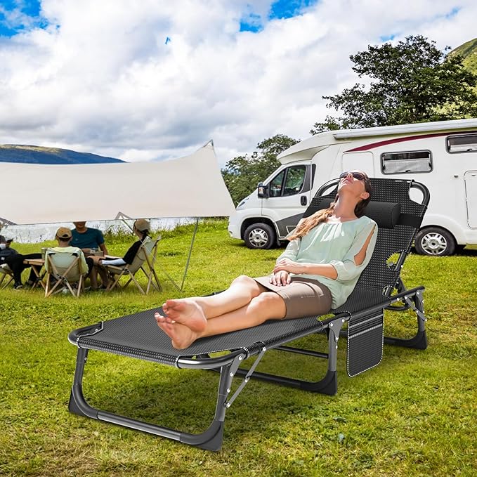 Slsy Sleeping Cots for Adults, 5-Position Folding Chaise Lounge Chairs Outdoor, Portable Folding Bed Cot Lounge Chair for Beach Lawn Camping Pool Sun Tanning