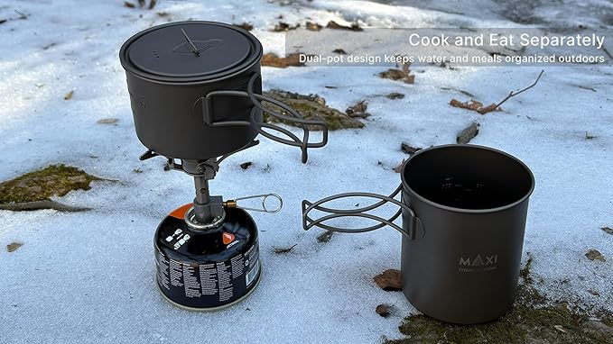 Maxi Titanium 750ml Pot and 420ml Bowl Combo Set, Grade 1 Titanium Stackable Camping Cookware, Ultralight Backpacking Pot Set