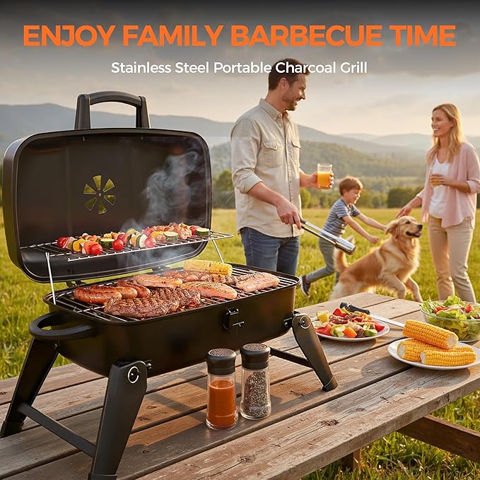MASTER COOK Portable Charcoal Grill, Foldable Lightweight BBQ Grill with Adjustable Air Vent and 332 sq.in. Cooking Area Outdoor RV, Hiking, Camping, Patio, Tailgating