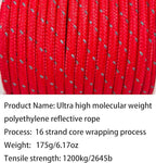 Dyneema Reflective Rope -2mm 400kg Fracture Strain - Suitable for Tents, Kite Surfing, and Other 65 feet (red, 2mm) (red, 4mm)
