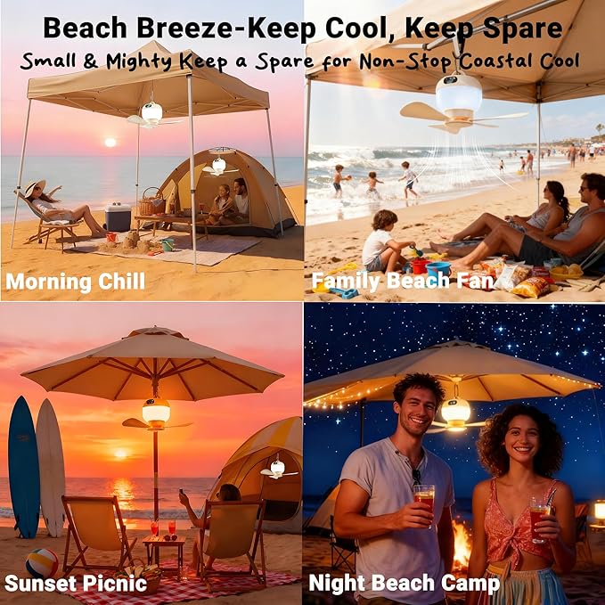 Camping Fan with Light & Remote, Portable Ceiling Fan for Tents, Canopy, Beach, RV, Car, Camper & Outdoor, Wireless Rechargeable Hanging Pop Up Tent Fans - 3 Speed Breeze & Timer