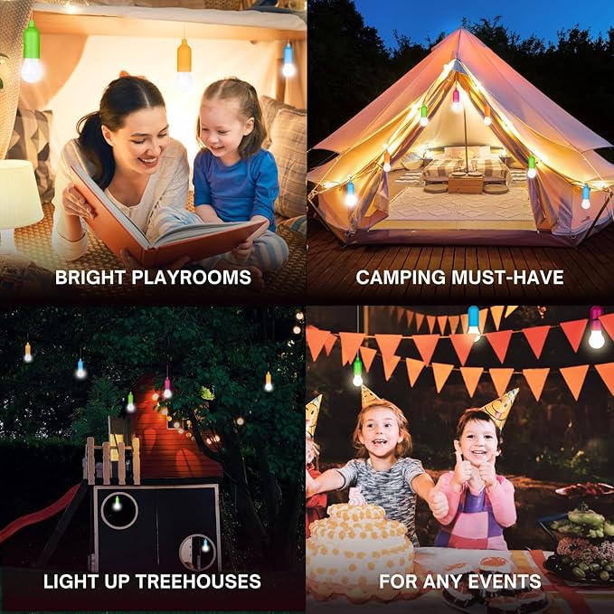 4 Hanging LED Kids Safe Lights for Treehouse, Playhouse, Camping, Indoor/Outdoor, Battery-Operated Lamps with Pull Chain
