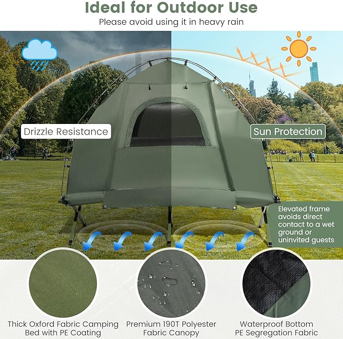 Goplus Camping Tent Cot, 5-in-1 Folding Camping Bed with Air Mattress, Pillow, Sleeping Bag, Waterproof Elevated Tent Shelter, Portable Outdoor Sleeping Cot with Carry Bag for Picnic, Trip