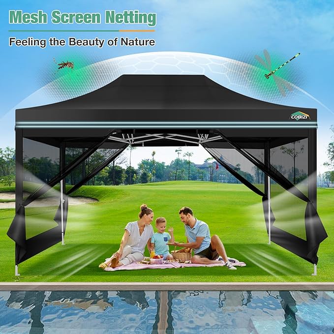 COBIZI 10x15 Canopy Tent, Heavy Duty Pop up Canopy with Sidewalls, Waterproof Easy Setup Canopy with Mosquito Netting, Outdoor Instant Screen Tents for Parties, Wedding, Backyard with Carry Bag, Black