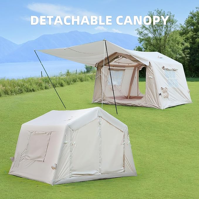 KEIKI Oxford Hot Tent for Camping, 2/3/4/6/8 Person Large Inflatable Tents w/Detachable Canopy, 4 Season Waterproof Tent for Hike Backpacking, Stove Jack AC Port, Mesh Doors Windows, Pump, Easy Setup