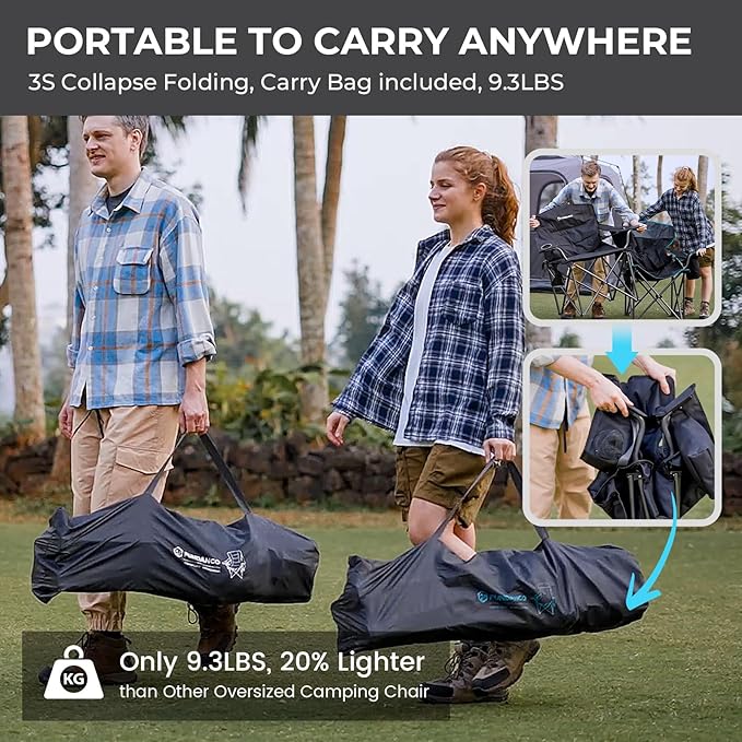 FUNDANGO Oversized Camping Chair for Adults,550lbs Heavy Duty Foldable Portable Lawn Chair with Padded Seat & Back, 4-can Cooler & Cup Holder, Carry Bag Included for Outdoor (Black/Grey)