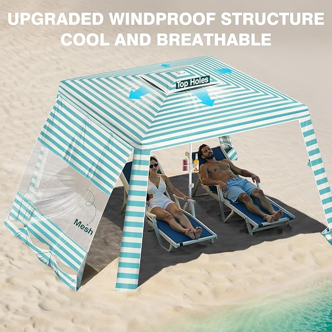 Rhino Valley Beach Cabana, 8 * 8FT Beach Tent UPF50+ Protection, Easy Setup Beach Canopy Wind Resistant with Cup Holder, Compact Beach Shade Foldable Beach Tent Sun Shelter, Light Blue Stripes