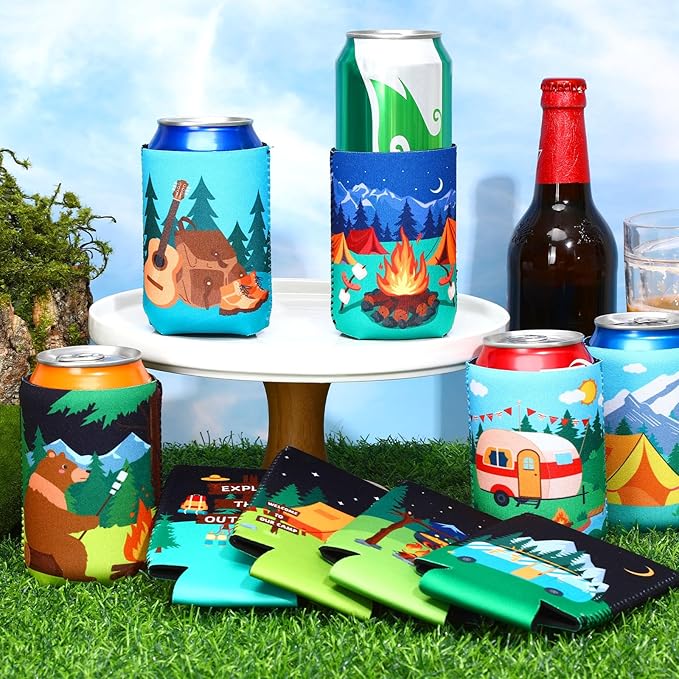 18 Pack Camping Can Cooler Sleeves Beer Drink Can Bottle Cooler Collapsible for Camp Themed Bachelorette Party Wedding Birthday Decorations Office Bar Supplies Favors