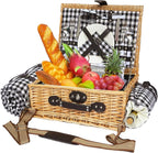 Picnic Basket for 2 with Blanket, Willow Picnic Basket Set with Shoulder Strap&Wine Pouch, Large Willow Hamper with Insulated Cooler for Outdoor, Camping, Beach, Couples, Wedding Gift