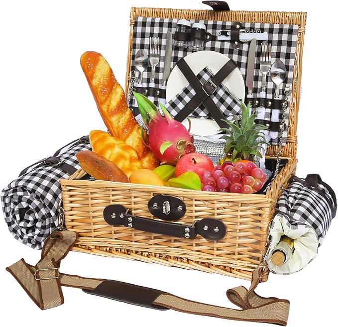 Picnic Basket for 2 with Blanket, Willow Picnic Basket Set with Shoulder Strap&Wine Pouch, Large Willow Hamper with Insulated Cooler for Outdoor, Camping, Beach, Couples, Wedding Gift